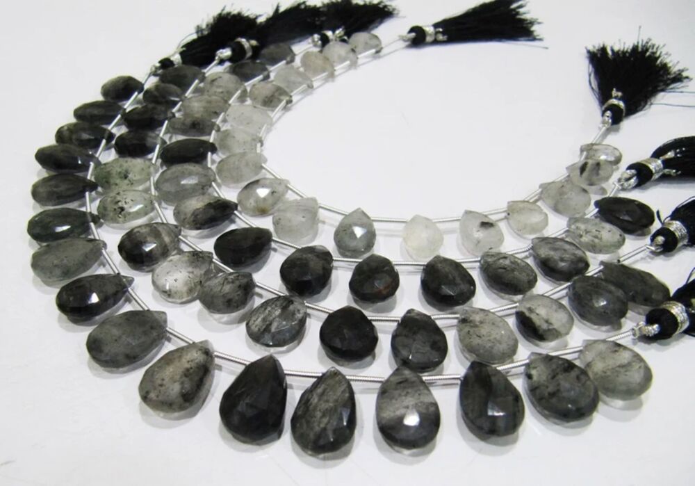 Natural Genuine Black Rutilated Quartz Pear Shape beads