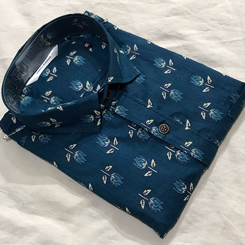 Mens Blue Printed Collar Shirt