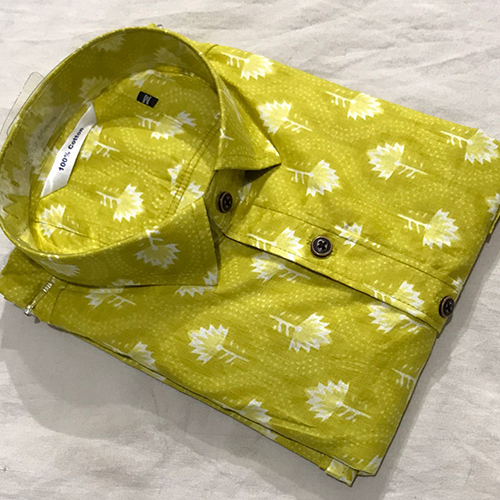 Mens Green Cotton Printed Collar Shirt