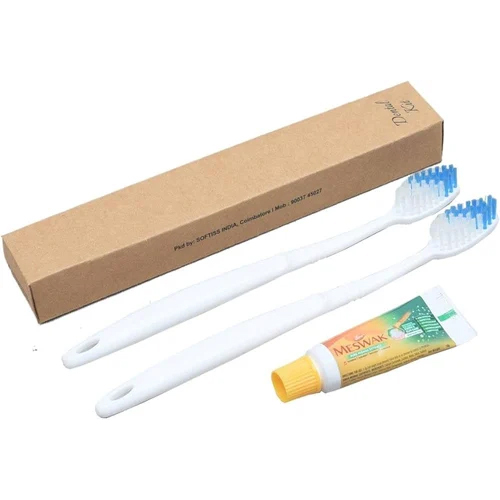 2 Brush And Toothpaste Hotel Dental Kit - Sturdy Plastic, 4-6 Inches, White Color | Suitable for All Ages, Compact for Travel Use