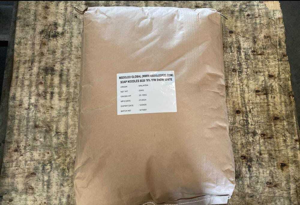 Soap Noodles - 8020 78% Tfm, Snow White, High Purity Sodium Palmitate, Odorless, Solid Form, 25 Kg Paper Bags, Suitable For Toilets And Multipurpose Soaps