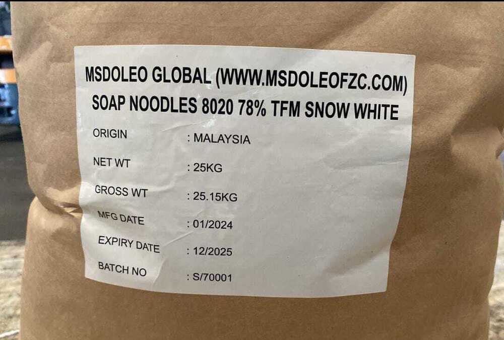 Soap Noodles - 8020 78% Tfm, Snow White, High Purity Sodium Palmitate, Odorless, Solid Form, 25 Kg Paper Bags, Suitable For Toilets And Multipurpose Soaps