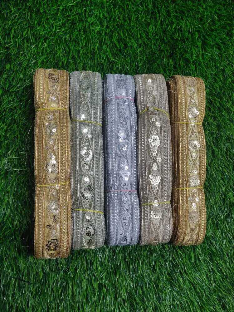 Hand Work Lace - Net Material, Straight Pattern, Golden Color | Features: Embroidered Design With Sequins, Female Gender Specific, Lace Embellishment