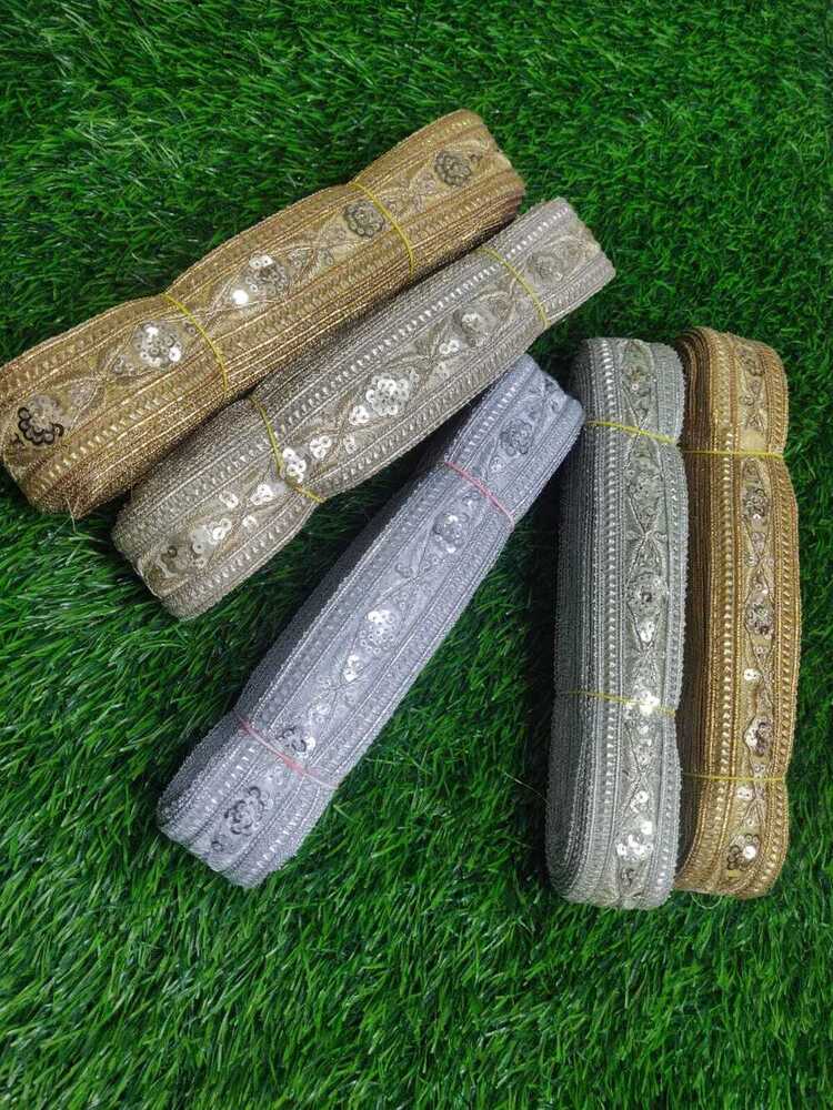 Hand Work Lace - Net Material, Straight Pattern, Golden Color | Features: Embroidered Design With Sequins, Female Gender Specific, Lace Embellishment