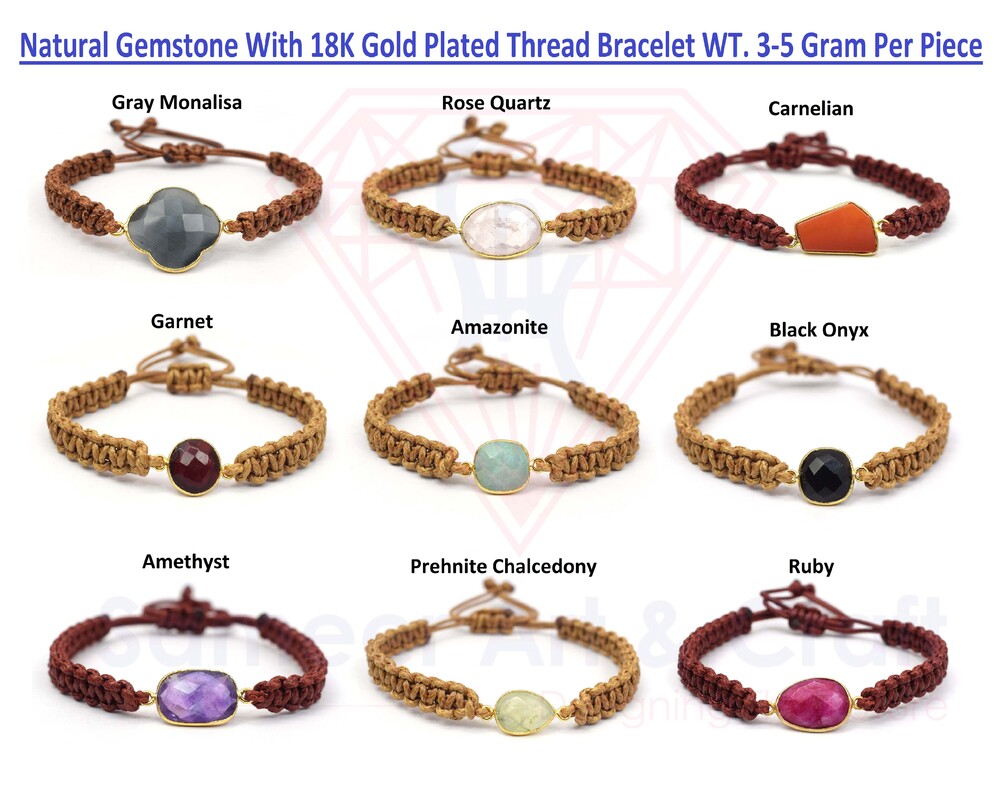 Handmade Design Natural Gemstone 18K Gold Plated Adjustable Thread Bracelet