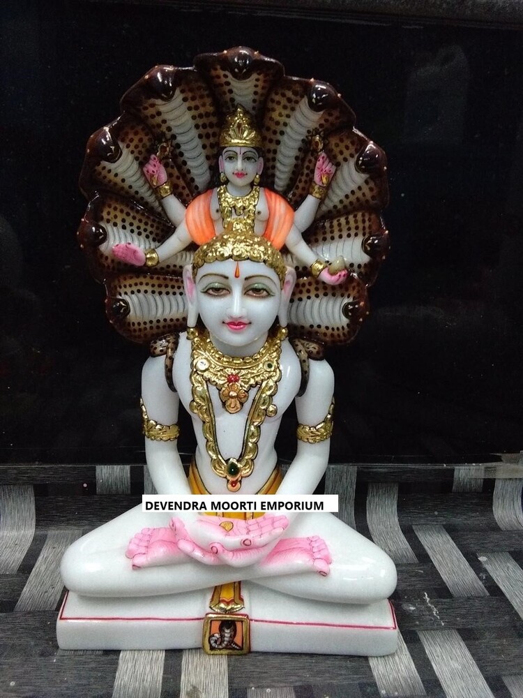 White Detailed Parshwanath Bhagwan Marble Idol - Height: 11 Inch (In)