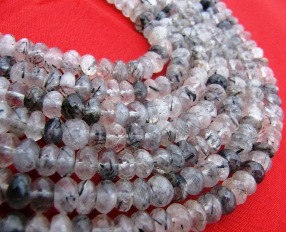 Natural Genuine Black Rutilated Quartz Rondelle Faceted Beads