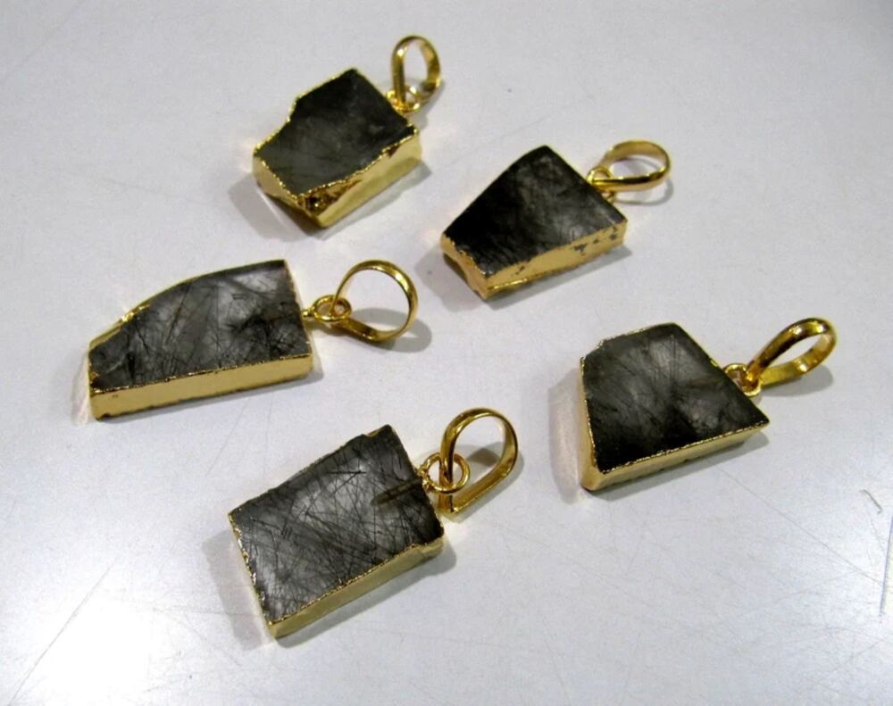 Natural Black Rutilated Quartz Slice Pendant Free Form Charm With 24K Gold