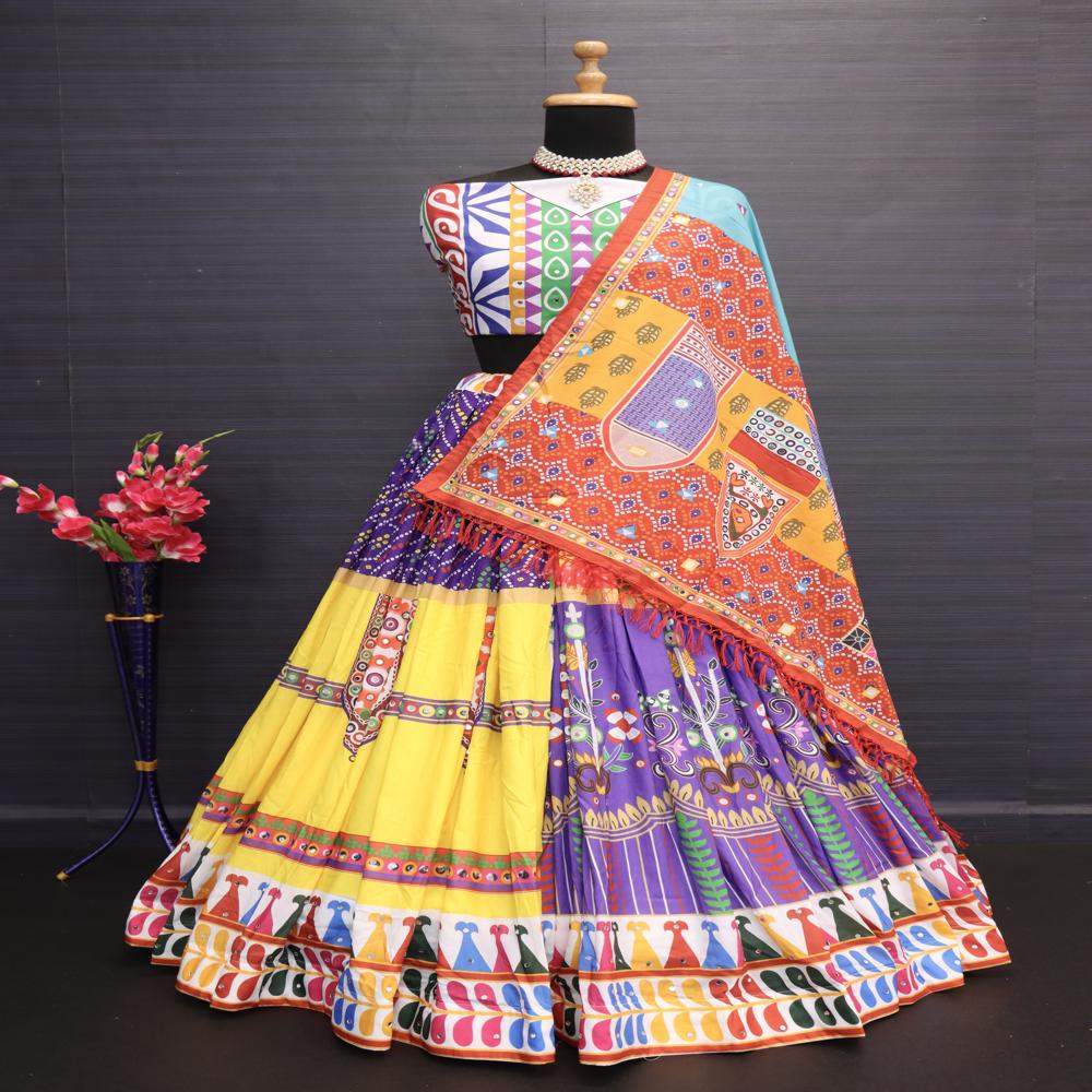 Digital Print Muslin Cotton Lehenga Choli - Color: Multi Color