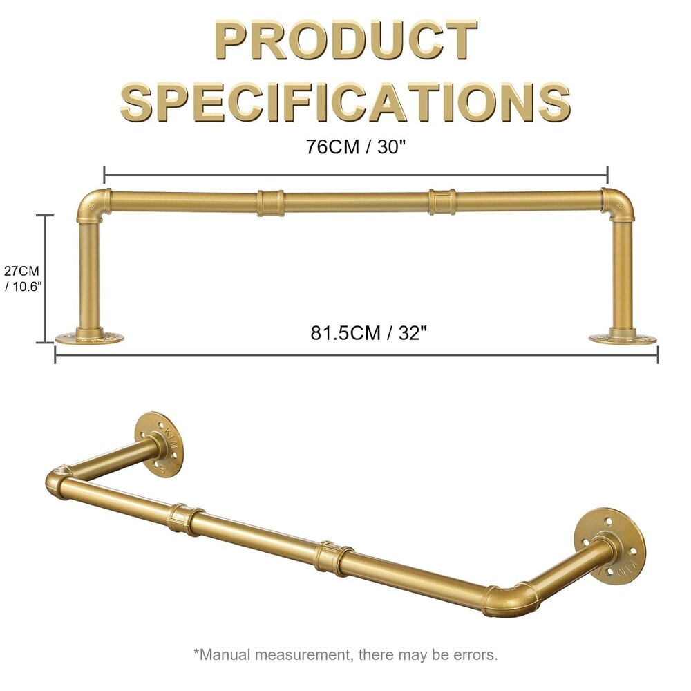 Gold Clothing Rack 29" Wall Mounted Golden Clothes Rack Pipe Clothes Hanger Rack Iron Golden