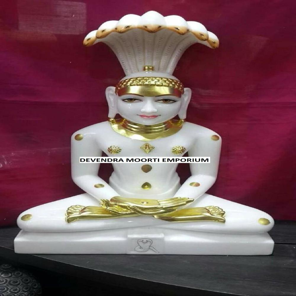 Marble Shankeshwar Parshwanath Jain God Statue - Color: Golden & White