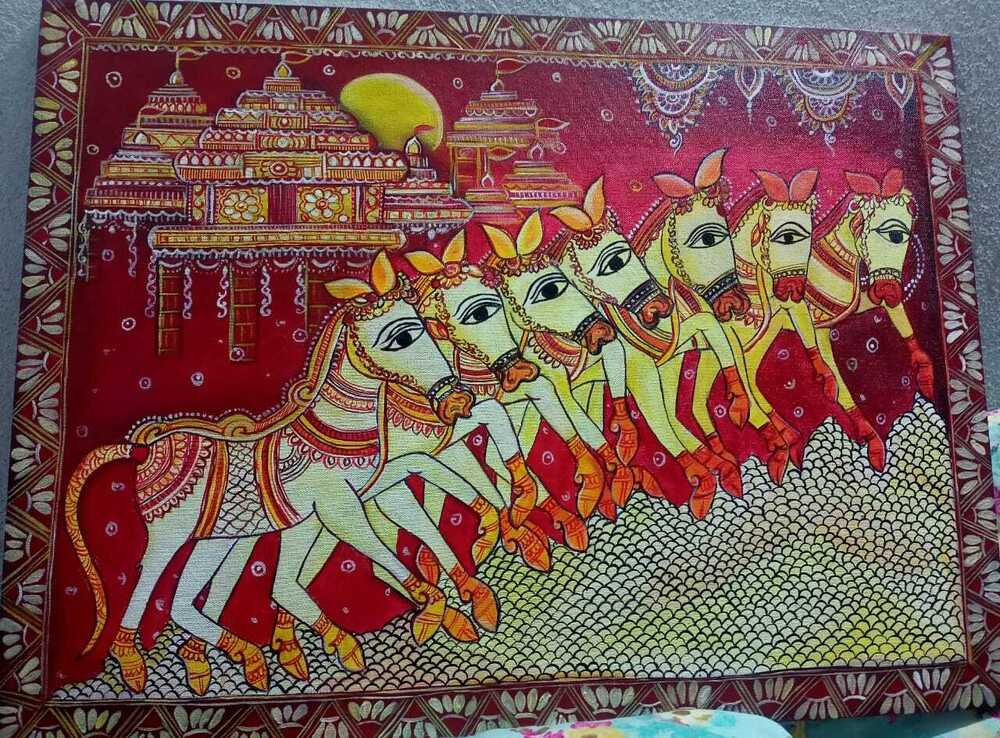 Madhubani Painting Of Seven Horses - Frame Color: As Per Requirment