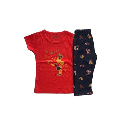 Girls Red Printed Night Wear Set