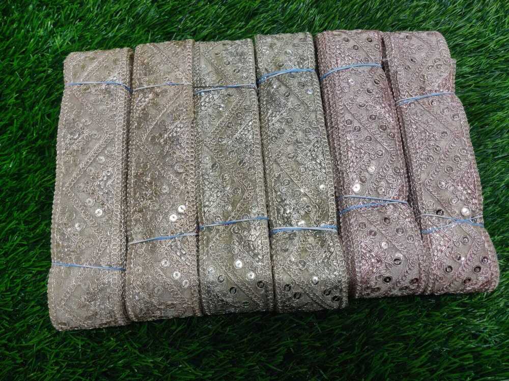 Embroidery Lace - Net Material, 2 Inch Width, Golden Color | Embroidered Straight Pattern With Sequins Decoration For Female Attire