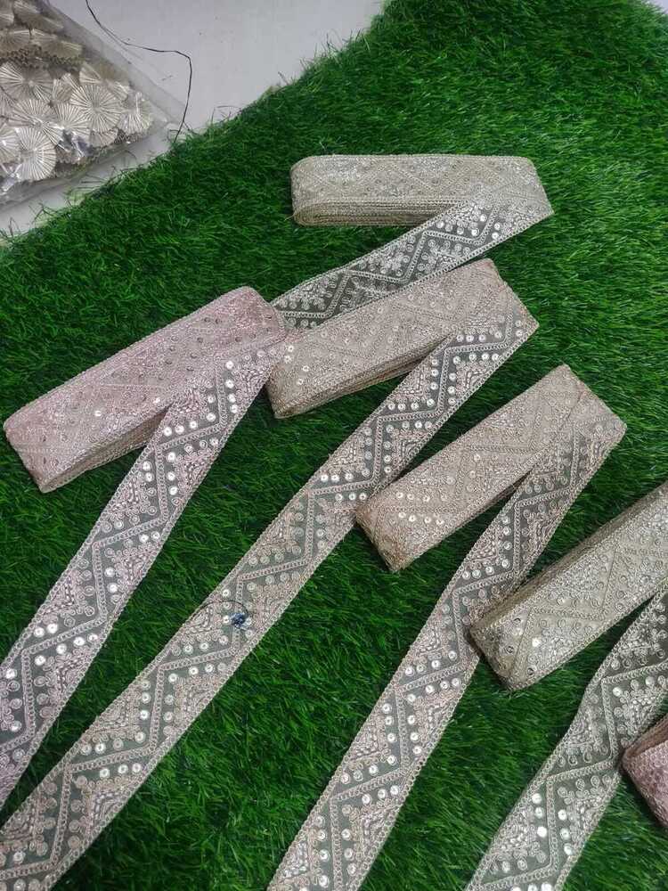 Embroidery Lace - Net Material, 2 Inch Width, Golden Color | Embroidered Straight Pattern With Sequins Decoration For Female Attire