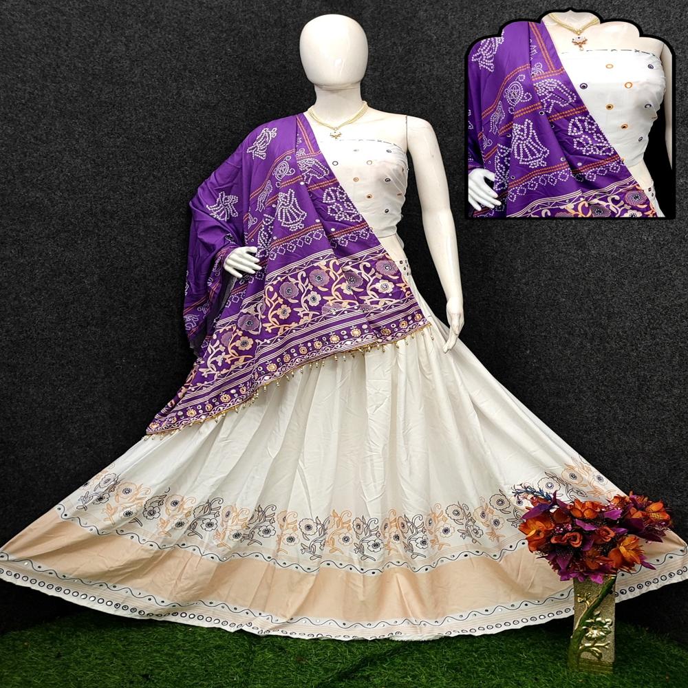 Digital Print Muslin Cotton Lehenga Choli - Color: Purple & White