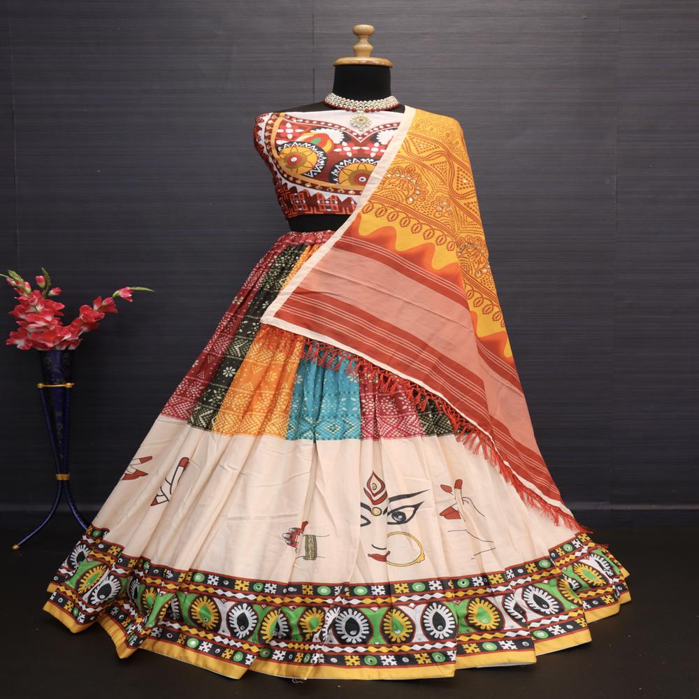 Digital Print Muslin Cotton Lehenga Choli - Color: Multi Color