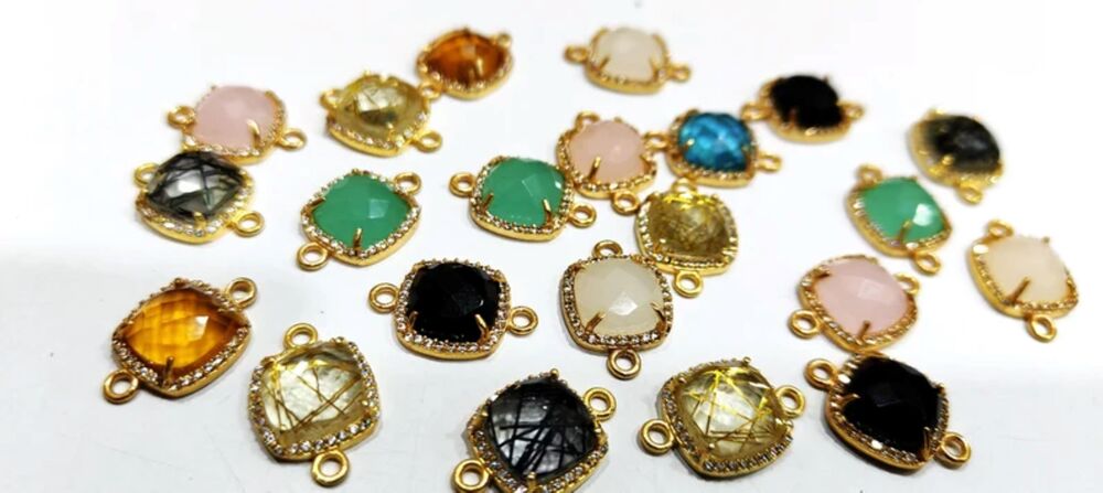 Multi Quartz Stone Briolette Cushion Shape Connector Pave CZ Double Loop 13mm charm,