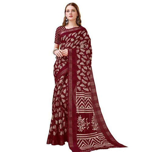 Festive Wear Maroon Pure Linen Digital Print Saree - Color: Different Available