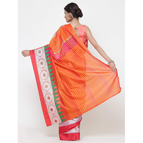 Striped Handloom Banarasi Saree With Contrast Temple Pattern Border