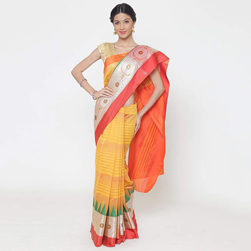 Yellow Striped Handloom Banarasi Saree