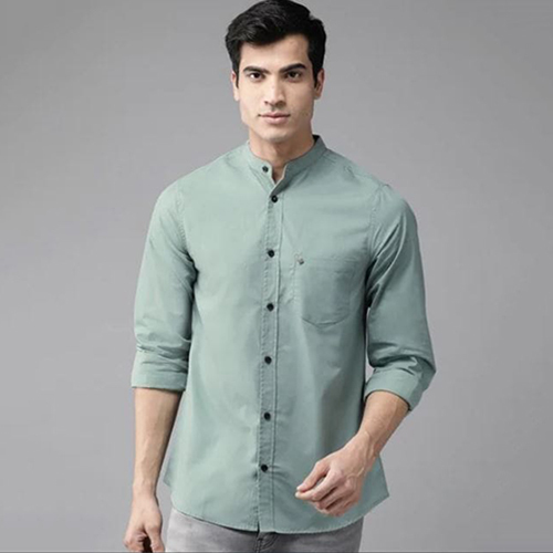 Green Plain Cotton Mandarin Collar Shirt