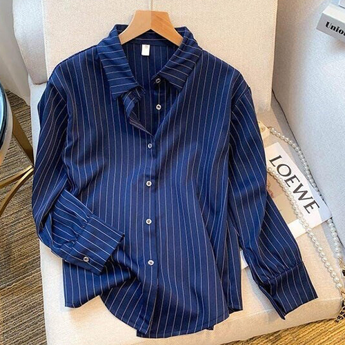 Ladies Dark Blue Striped Full Sleeves Cotton Shirt