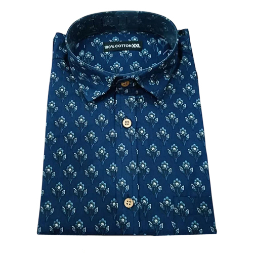 Men Printed Blue Half Sleeves Cotton Shirt