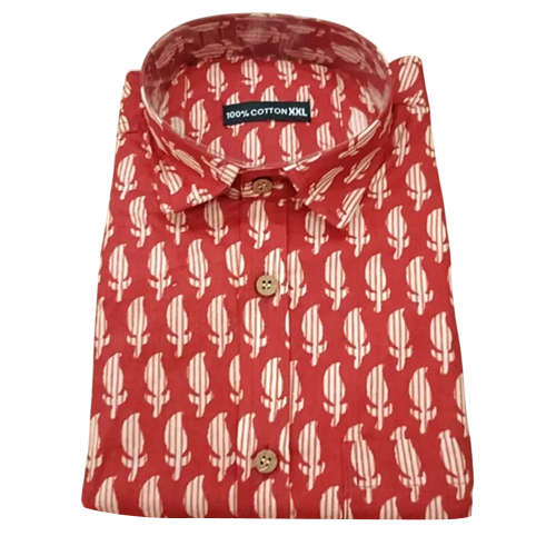 Men Printed Red Collar Cotton Shirt