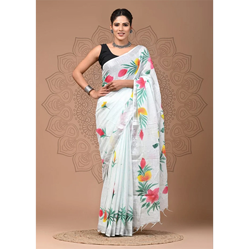 White Printed Linen Cotton Saree - Color: Different Available