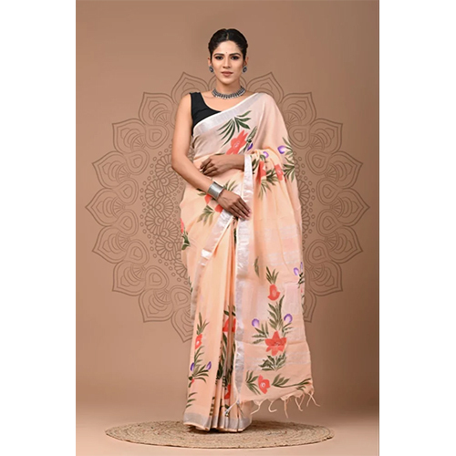 Light Orange Printed Linen Cotton Saree - Color: Different Available