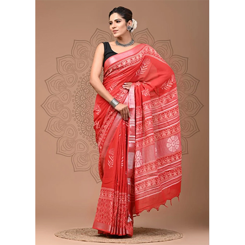 Orange Printed Linen Cotton Saree - Color: Different Available