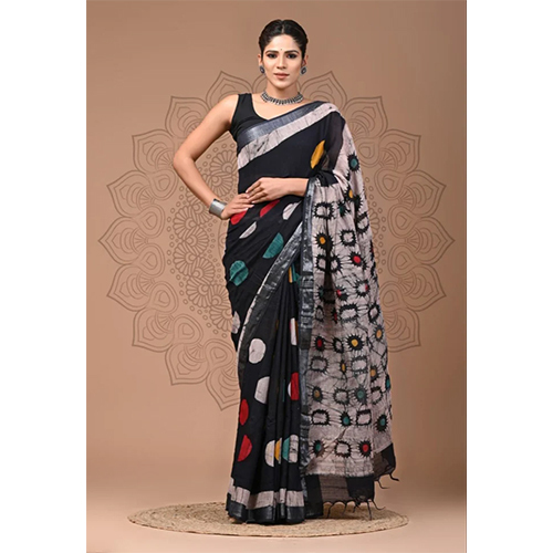 Black Printed Linen Cotton Saree - Color: Different Available