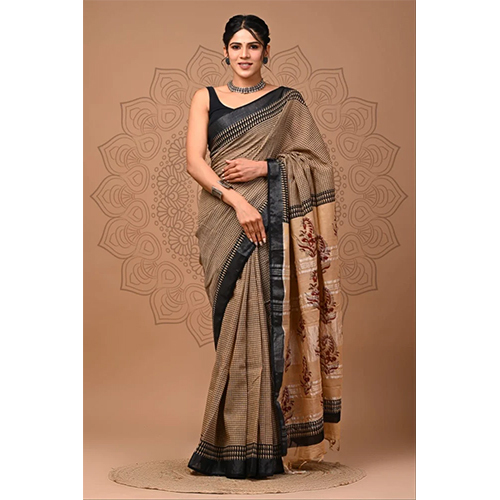 Brown Printed Linen Cotton Saree - Color: Different Available