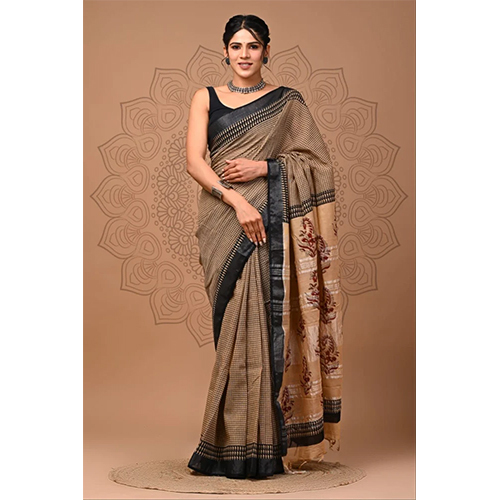 Brown Printed Linen Cotton Saree