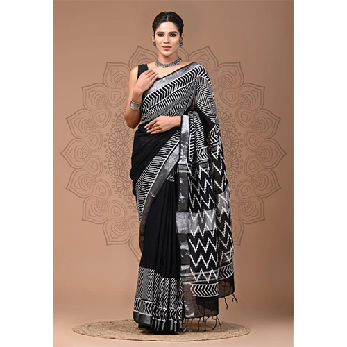 6M Black Printed Linen Cotton Saree - Color: Different Available