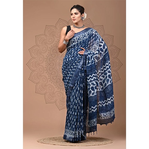 Blue Printed Linen Cotton Saree
