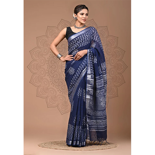 Blue Floral Printed Linen Saree