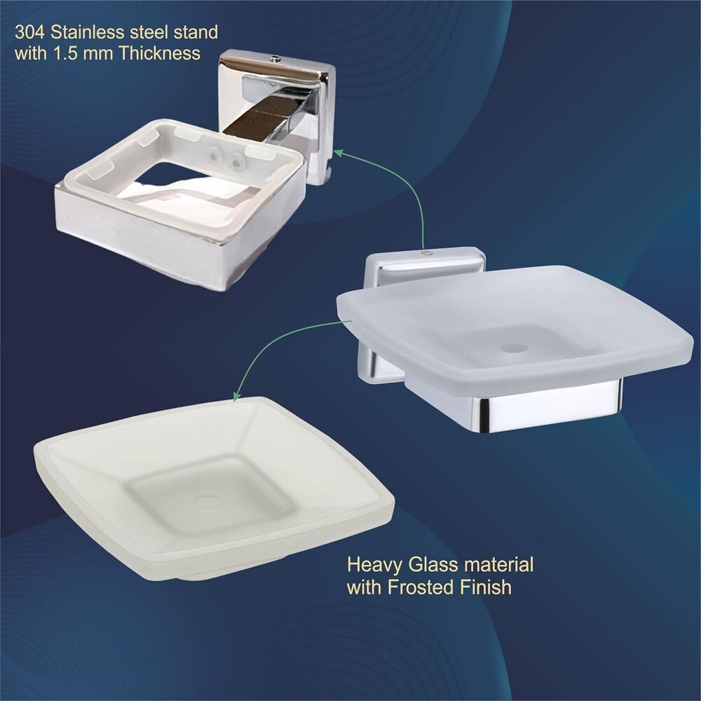 Frosted Square Soap Dish - Glass & Metal, Meticulously Handmade Craftsmanship | Luxurious Design, Perfect Shape, Lightweight, Decor For Indoor & Outdoor