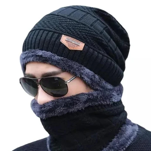 Neck Set Winter Cap - Washable, Different Sizes, Unisex Design, Modern Style, Plain Pattern, Black Color | Ideal for Staying Cozy in Winter