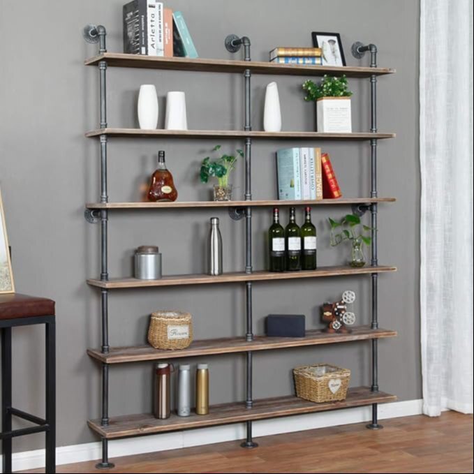 Industrial 6-Tiers Shelf Bookcase Pipe Wood Shelves Bookshelf Vintage Wrought Iron Finish