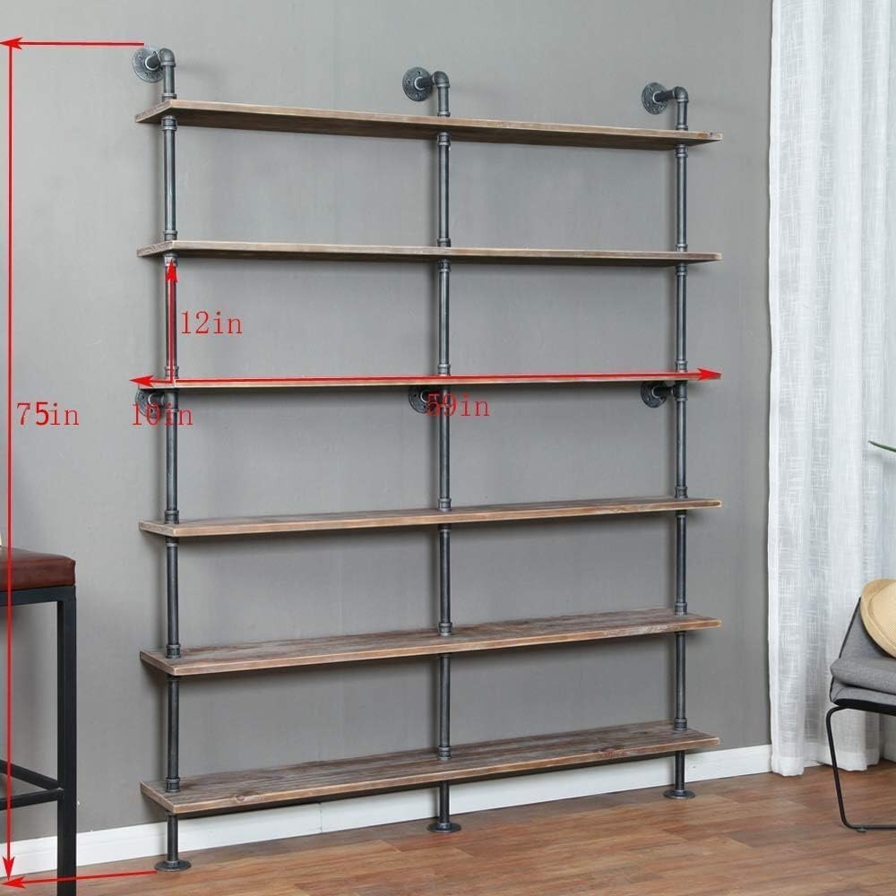 Industrial 6-Tiers Shelf Bookcase Pipe Wood Shelves Bookshelf Vintage Wrought Iron Finish