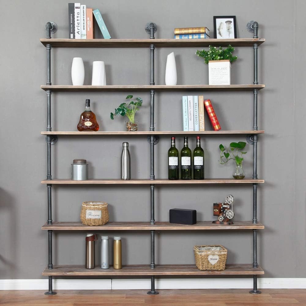 Industrial 6-Tiers Shelf Bookcase Pipe Wood Shelves Bookshelf Vintage Wrought Iron Finish