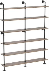 Industrial 6-Tiers Shelf Bookcase Pipe Wood Shelves Bookshelf Vintage Wrought Iron Finish