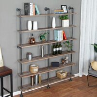 Industrial 6-Tiers Shelf Bookcase Pipe Wood Shelves Bookshelf Vintage Wrought Iron Finish