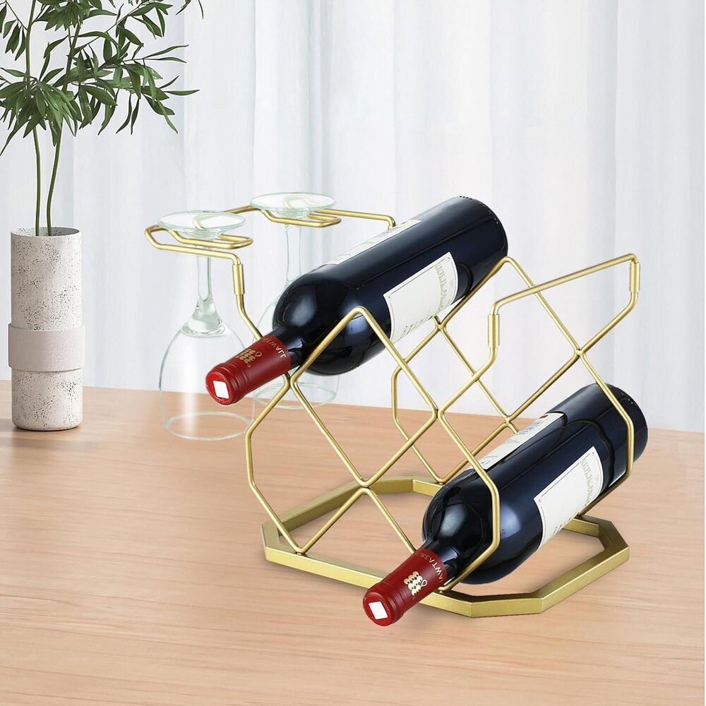 Bottle Rack with Glass Shelf Countertop, Small Rack, Hold 5 Bottles and 2 Glasses