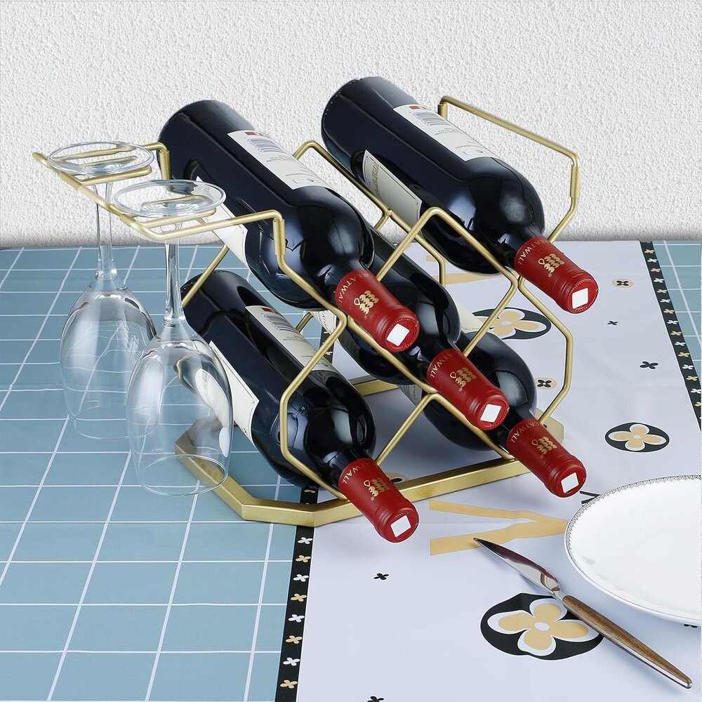Bottle Rack With Glass Shelf Countertop, Small Rack, Hold 5 Bottles And 2 Glasses - Application: Industrial