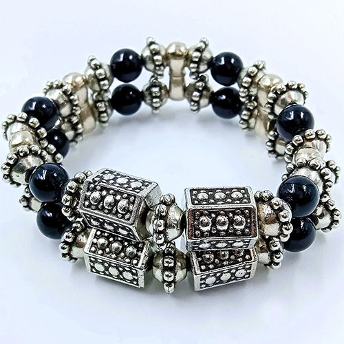 Elegant Onyx And Silver Beadwork Bracelet