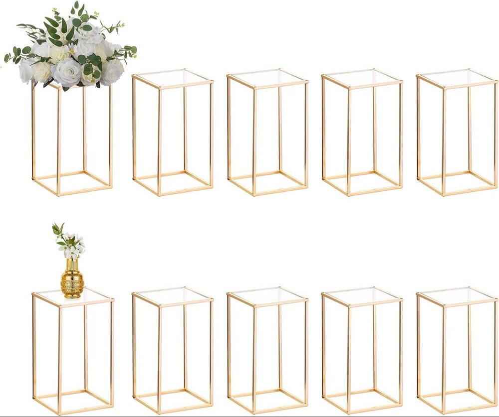 10 Pcs Gold Vase Metal Column Stand Road Lead Geometric Centerpiece Vase for Tables, 15.34 inch