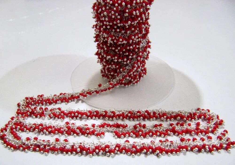 Red Coral Smooth 2mm Beads Cluster Chain